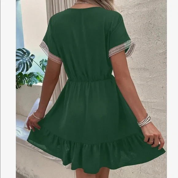 Boho Sheer Mesh Crochet Lace Flounce Sleeve Ruffle Dress - Picture 14 of 15